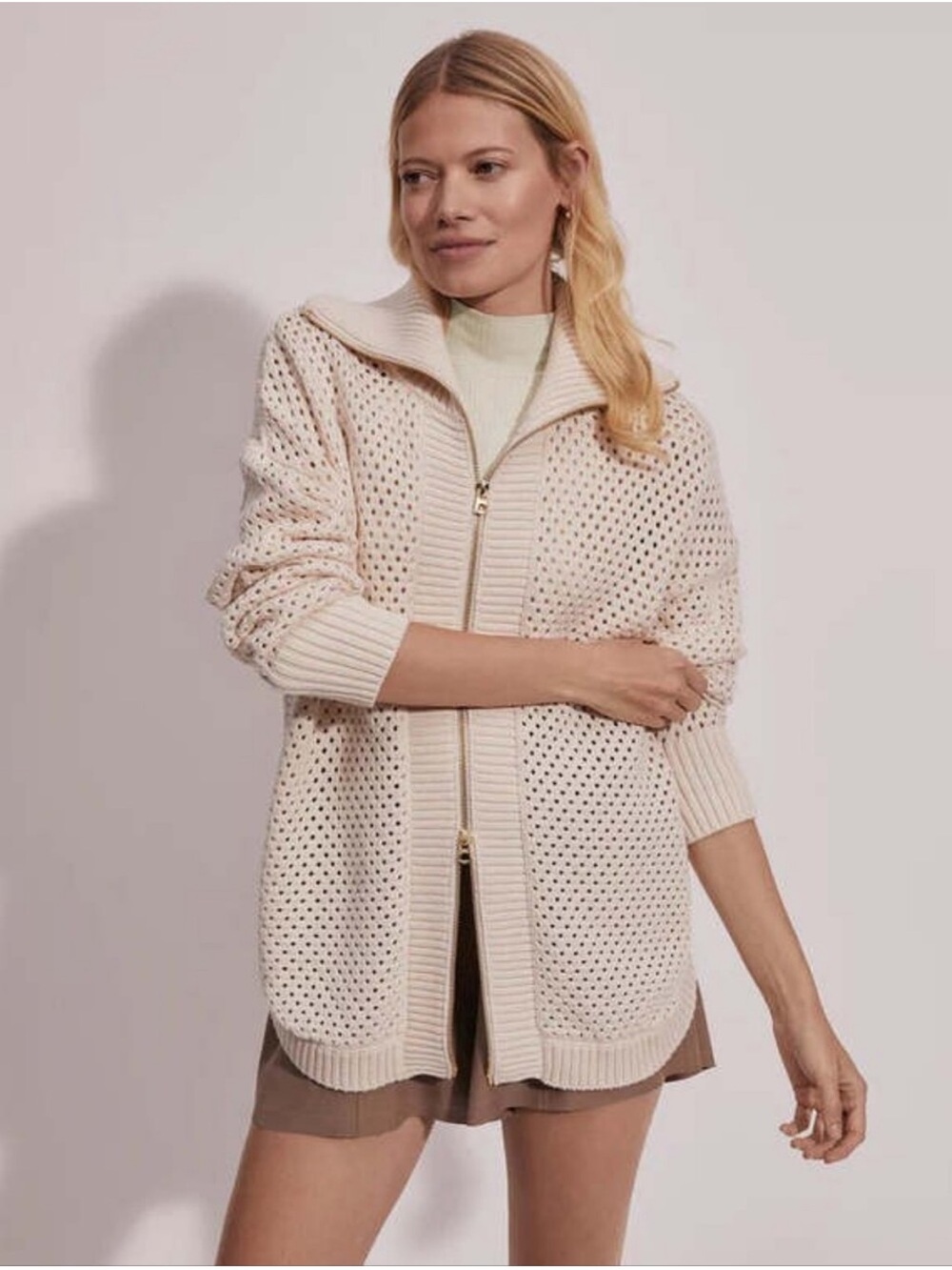 Varley Finn Cream Open-Weave Zip through Cardigan